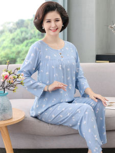 Spring Autumn Large Size Cotton Silk Sleepwear Women Summer Thin Long Sleeve Artificial Cotton Two-Piece Set Home Clothes