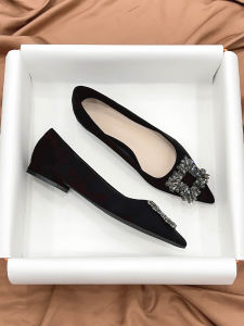 French Rhinestone Black Flat Shoes Womens 2025 New Spring Autumn Pointed Toe Elegant High-End Professional Velvet Single Shoes