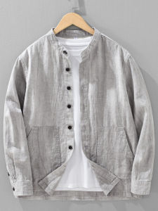เสื้อเชิ้ตคอตั้งแขนยาวผ้าลินินชายสไตล์จีนใหม่ ฤดูใบไม้ผลิและฤดูใบไม้ร่วง ทรงหลวม ผ้าฝ้ายผสม บาง แจ็คเก็ตแบบสวมหัว
