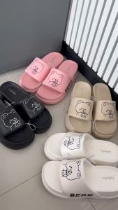 I รองเท้าแฟชั่น รองเท้าแตะ รองเท้ามีส้น ลายหมีถือแก้ว BEAR สี ขาว ชมพู ครีม ดำ ขนาด  36-40