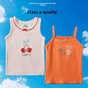 Girls Cotton Vest Summer Thin Sleeveless Top Childrens Clothing round Neck Design Cartoon Print Casual Style No Hat Included