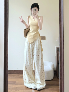 Yellow V-neck Waist-cinched T-shirt Womens Summer Korean Sweet Style Asymmetrical Slit Slimming Slim Fit Mini Shirt