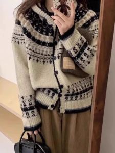 Womens Knitted Hat Cardigan Fair Isle Texture Autumn Winter Nordic Style Color Block Vintage Lazy Sweater Jacket Long Sleeve