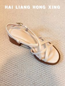 Goatskin Version ~ Chunky Heel Sandals Womens Summer Outwear Thick Sole French Retro Roman Cross Strap Shit Feeling High Heels