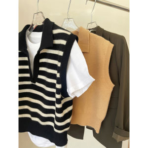 Áo Len Dệt Kim Cổ Polo Không Tay Ngắn Kiểu Pháp Kẻ Sọc Mùa Hè Cho Nữ Áo Khoác Ngoài Lót Lông Cừu Áo Len Cardigan Phong Cách Hàn Quốc