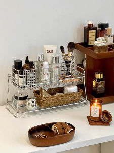 Double Layer Stainless Steel Makeup Brush Storage Rack Cosmetic Products Organizer Desktop Vanity Shelf Perfume Storage Box