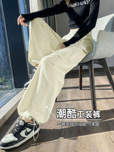 กางเกงขายาวทรงตรงเอวยางยืดสีพีชสำหรับผู้หญิง กางเกงขายาวทรงหลวมสไตล์อเมริกันสำหรับฤดูใบไม้ร่วง กางเกงขายาวลำลองสำหรับเล่นกีฬา