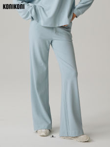 KoniKoni Wool Blend Loose Sports Pants Straight Leg Lengthening Draping Paper Thin Womens Knitted Low Waist Trousers