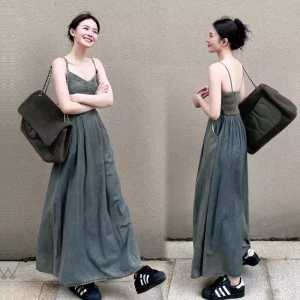 Elegant Ladylike Summer New A-Line Long Dress Womens Sleeveless Denim Halter Dress Slimming Waist Design Korean Style