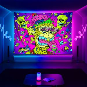 VIKAMA Psychedelic Cartoon Tapestry Brain Monkey Skull Pattern Game Room Backdrop Wall Music Party Room Trendy Decor