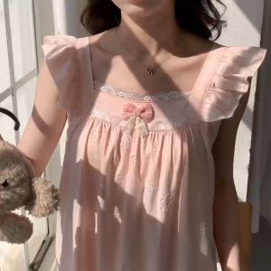 Summer Sleeveless Nightdress with Built-in Bra Pads Bow Detail Sweet Princess-style Nightdress Perfect for Homewear
