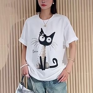 Heavy Work Embellished Cat Beads Round Neck Womens Top T-Shirt