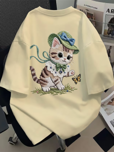 Cute Cat Print Cotton T-Shirt Childrens Summer Casual Loose Fit Short Sleeve Sweat Absorbent Kids Top for School And Play