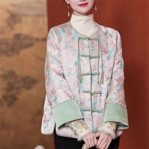 Autumn Winter Womens Tang Suit down Jacket New Chinese Style National Trend Cotton Outerwear Embroidered Cheongsam Button