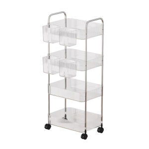4 Layer Rolling Trolley Storage Rack with Hanging Basket Mobile Storage Shelf Sundries Organizer for Kitchen Bathroom[Vodool Shophouse]