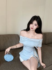 GUZILIAN | Áo thun nữ tay ngắn mùa hè Pure Desire Hot Girl một bên vai thắt eo không đều hở eo Áo thun nữ cổ chữ V không tay