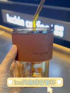 450ML Modern Aesthetic Minimalist Transparent Glass Water Cup With Glass Straw and Silica Rubber Handle Tumbler Bottle Homes