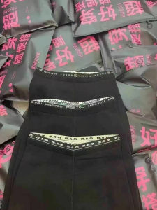 High Waist Fleece Lined Black Letter Print Leggings Womens Base Layer Pants Autumn Winter Outerwear Nine-Tenths Length