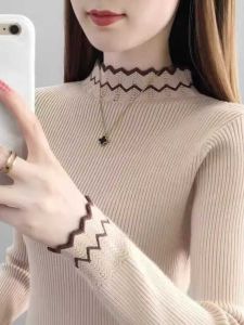 Slim Fit Half High Collar French Style Patchwork Knitted Sweater Womens Spring Autumn New Fashion Base Layer Shirt Pure Color Inner Knitwear