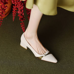 เรียบหรู ฝรั่งเศส สีขาว หนัง รองเท้าส้นสูง ผู้หญิง รองเท้า ฤดูร้อน น้ำหนักเบา Pearl Commute ดีไซน์ รองเท้าสบายไม่ซ้ําใคร