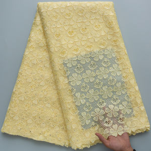 Luxury Beige Guipure Cord Lace Fabric With Rhinestones African Nigerian Floral Water Soluble Lace For Wedding Party Dress Sew