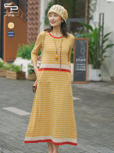 Slim Fit Striped Design round Neck Midi Dress Seven Sleeve A-Line Skirt Cotton Polyester Blend Comfortable Commute Style Dress