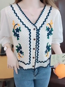 FASHLOVER Womens V-neck bubble sleeved chiffon shirt half sleeve loose knit cardigan