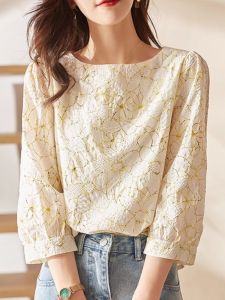 WANGGONGZHU | Elegant Lantern Sleeve Chiffon Shirt Womens Design Spring Autumn Delicate Beautiful Floral Print Short Sleeve Korean Style