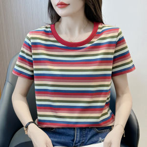 Pure Cotton Striped Short Sleeve T-Shirt Womens Casual Style Summer New Fashion Top Comfortable Versatile round Neck Tee