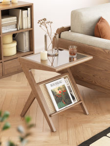 Modern Minimalist White Basswood Wicker Weaving Coffee Table Living Room Corner Table Glass Surface Small Apartment Furniture