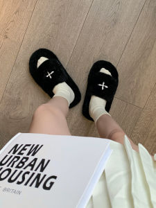 Korean Style Womens Furry Slippers Embroidered Thick Bottom Home Shoes Autumn Winter New Fashion Casual Comfortable Slip-On