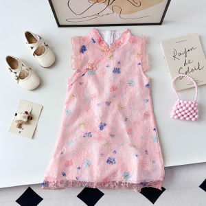Girls Party Fashion Sleeveless Cute Butterfly Print Lace Princess Dress 1 Pc 2-7 Years Kids Summer Daily Casual Clothes