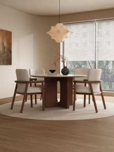 New round Solid Wood Dining Table Home Use Mid-Century Style Hole Stone Rock Board Table with Rotating Plate Walnut Color