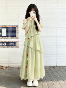 LIRUSHAN | Elegant Irregular French Green Off-Shoulder Maxi Dress