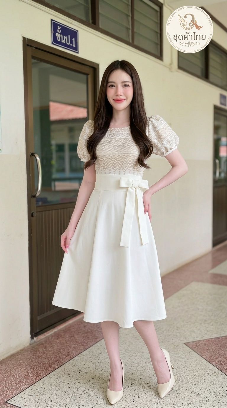 เดรสผ้าไทยหมักโคลนลายพิมพ์ สีดำ ทรงเจ้าหญิง แขนตุ๊กตา โบว์เอว ผ้าฝ้ายพรีเมี่ยม สีไม่ตก รีดง่าย มุมมองที่ 9