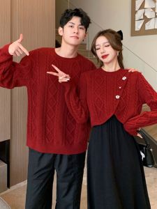 New Year Couple Sweaters Loose Knitted Lazy Style Christmas Popular Korean Version Warmth Heating round Neck Long Sleeve Polyester Fiber