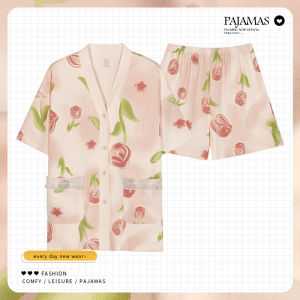 miiow | Pure Cotton Sleepwear Womens Summer New Style Short Sleeve Shorts With Chest Pad Can Be Worn Outside Home Clothes V-neck