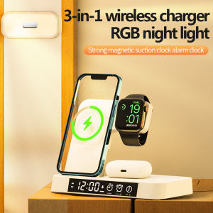 Wireless Charging Station Alarm Clock RGB Night Light 3 in 1 Fast Charger Station for AirPods Pro iPhone16 15 14 13  12 Apple Watch
