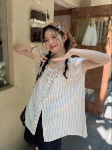 Mixd | Wood Ear Ruffled Striped Summer Shirt Women