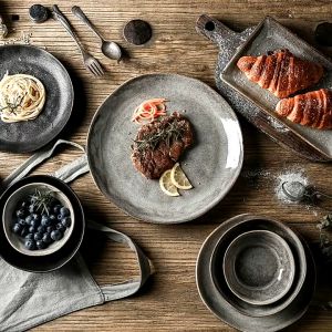 【SG】Ceramic Plate Retro Bowl Plate Set Chinese Kiln Become Ceramic Tableware Creative Hotel Steak Plate Ceramic Bowl | 8inch 11inch Plates