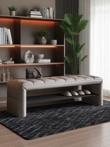 Luxury Home Entrance Hall Shoe Bench Villa High End Hotel Long Strip Shoe Bench Coat Rack Storage Shelf Leather Surface