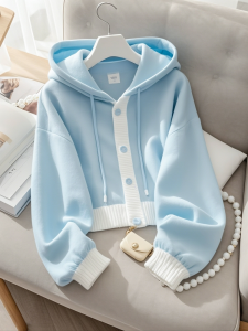 Soft Blue Oversized Hoodie Knitted Sweater Autumn Winter Womens Fashion Korean Style Atmosphere Top Button Cardigan Long Sleeve