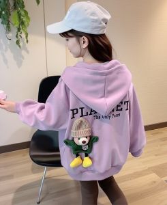 Cute Bear Cartoon Hooded Baseball Jacket for Little Girls Spring Autumn Fashionable Cardigan Top with Hat Girls Outwear