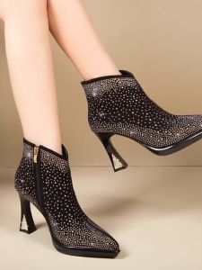 Black Pointed Toe High Heel Short Boots Womens Waterproof Platform Fashion Shoes Martin Boots Autumn Winter New Style Versatile