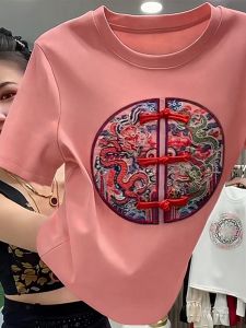 Loose Short Sleeve T-Shirt Womens Summer Fashion Mommy Clothes Classic Pattern Cotton Quick Dry round Neck Top Korean Style