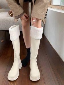 White Long Boots Womens 2023 New Autumn Winter Slim High Tube Fleece Lined Fur Edge Thick Bottom Knight Boots Korean Style Rubber Sole