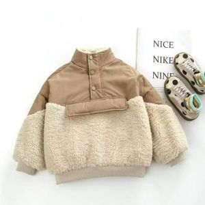 Childrens Thickened Sweatshirt Boys Girls Winter Fleece-Lined Pullover Kids Loose Patchwork Coats Toddler Plush Velvet Clothes