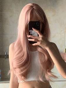 Pink Wig Womens Long Hair Full-Head Wig Mid-Length Eight-Character Bangs Big Wave Long Curly Hair Lolita Color Wig Sheath