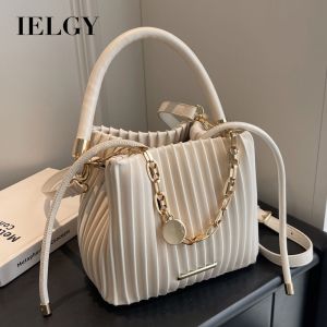IELGY French High-Appearance Shoulder Bag Pleated Portable Cross-Body Bucket Bag