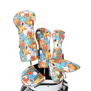 Cartoon Cat Printed PU Leather Golf Club Cover with Velvet Inner Head Protection Cover Golf Velcro Closed Iron Set